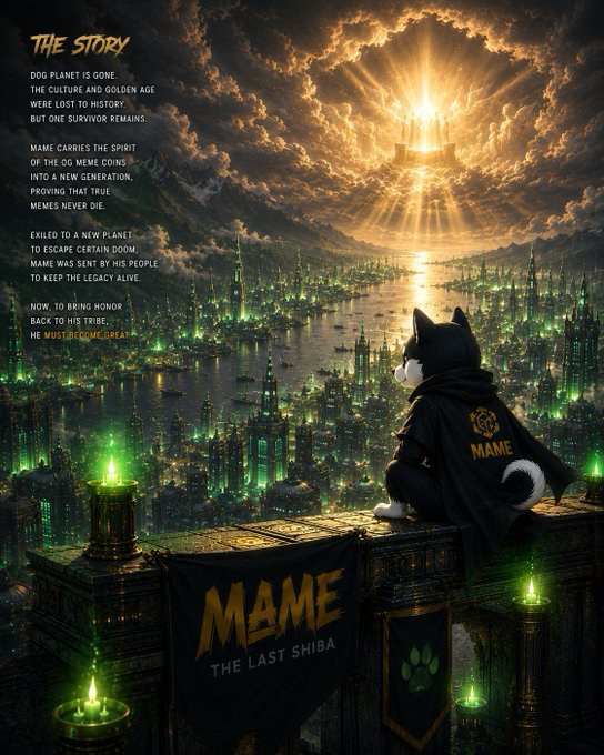 A Shiba Inu wearing a "MAME" cape sits on a rooftop gazing out over a dramatic, glowing cityscape beneath a radiant sun, accompanied by the text "MAME - THE LAST SHIBA" and a poetic narrative about a lost canine civilization's last guardian sent to a new planet to preserve his people's legacy.