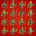 A sprite sheet featuring multiple frames of a pixel art knight or warrior character in various combat poses against a red background.