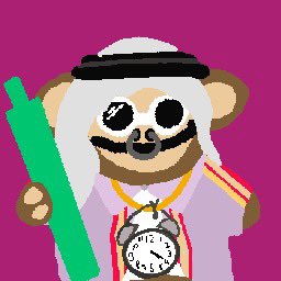 A pixel art illustration of a monkey-like character wearing a white robe and headwrap, holding a green object and wearing a clock medallion against a purple background.