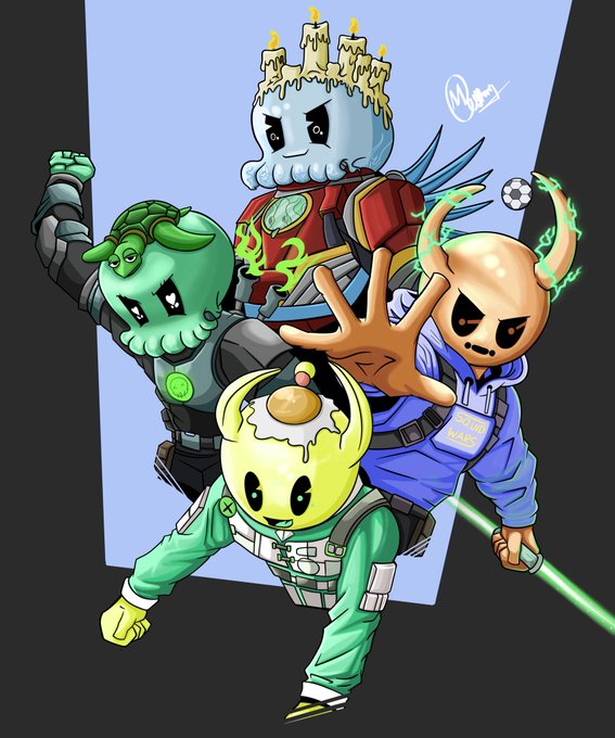 An illustration shows four cartoon-style characters with skull-like faces combined with various elements like candles, dragon features, and a fried egg, depicted in a comic art style.