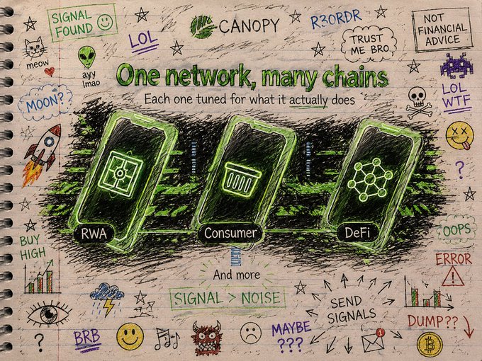 Sketch-style promotional graphic for Canopy Network with the slogan "One network, many chains" featuring RWA, Consumer, and DeFi categories amid various doodles.