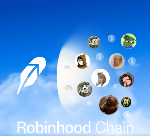 A graphic for 'Robinhood Chain' featuring the white feather logo on a blue sky background, surrounded by bubbles containing cartoon character avatars and dollar signs.