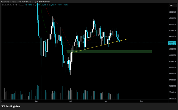 A Bitcoin/USD daily candlestick chart on TradingView from August 13, 2025 shows BTC trading at $63,082.21, down 0.63% (-$397.98), with price action consolidating near a highlighted support zone around $61,000-62,000 (marked in green) following a steep decline from highs near $68,000, reflecting the post's sentiment of fear and uncertainty amid the bearish price structure.