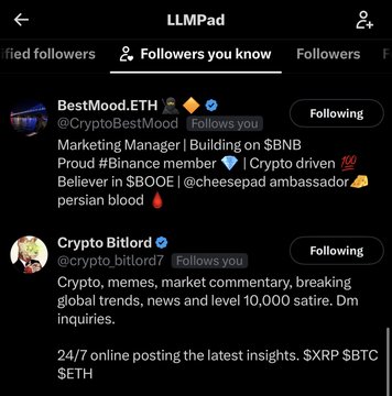 The image shows the "Followers you know" tab on the LLMPad Twitter/X profile, displaying two accounts: "BestMood.ETH" (@CryptoBestMood), a marketing manager and self-described Binance member, and "Crypto Bitlord" (@crypto_bitlord7), who runs a 10,000+ satire crypto commentary page. Both accounts follow the LLMPad account, which aligns with the post's claim that prominent Binance/ETH-aligned figures are following and backing the LLMPad project.