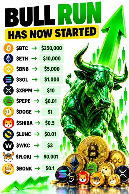A bold "BULL RUN HAS NOW STARTED" graphic features a metallic green bull charging past a list of crypto price targets—including $BTC to $250,000, $ETH to $10,000, $BNB to $5,000, $SOL to $1,000, $XRP to $10, $DOGE to $1, and $SHIBA to $0.5—surrounded by green candlestick charts and piles of branded coins that visually reinforce the post's altseason prediction.
