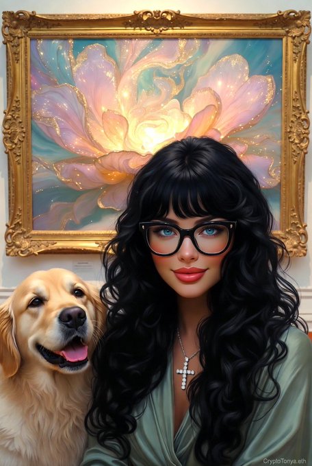 A digital portrait of a woman with long curly black hair and glasses, accompanied by a golden retriever dog, posed in front of an ornate gold-framed painting of a glowing pink and yellow flower. A 'CryptoTonya.eth' watermark appears in the corner.