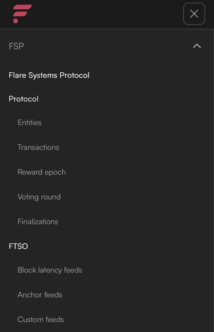 A dark-themed mobile app menu for the Flare network showing an expandable 'FSP' section with options including Flare Systems Protocol, Entities, Transactions, Reward epoch, Voting round, Finalizations, and an 'FTSO' section with Block latency feeds, Anchor feeds, and Custom feeds.
