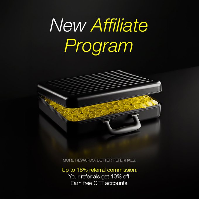 The image displays a sleek black briefcase overflowing with gold coins alongside the text "New Affiliate Program" and promotional details: "Up to 18% referral commission," "Your referrals get 10% off," and "Earn free CFT accounts," reinforcing the post's call to join the new CFT Affiliate Program and start earning through referrals.