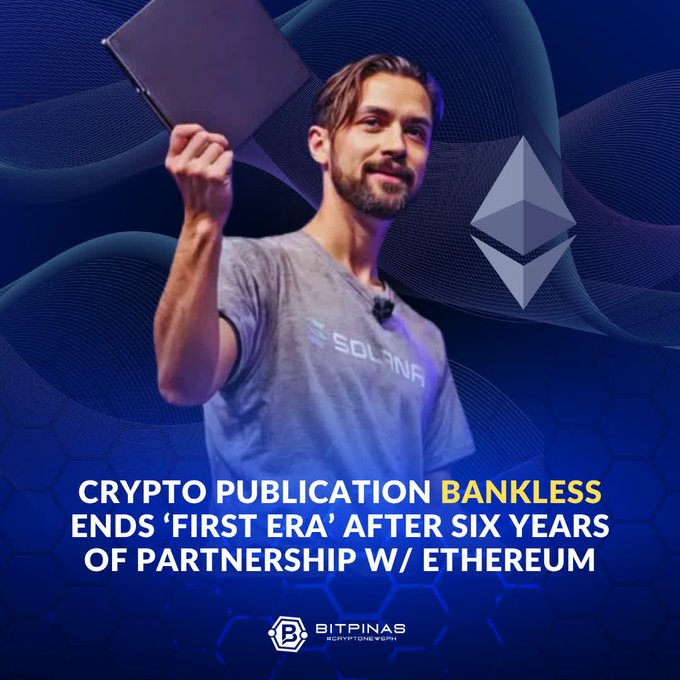 The image features an advertisement for Bitcoin. The central figure is a man holding up a laptop, with the text "Crypto Publication Bankless" written above him. Below this, there are two lines of text that read "First era' after six years", and another line stating "Of partnership w/ etherium". The background of the image is blue, and it contains a patterned design resembling waves or ocean foam.