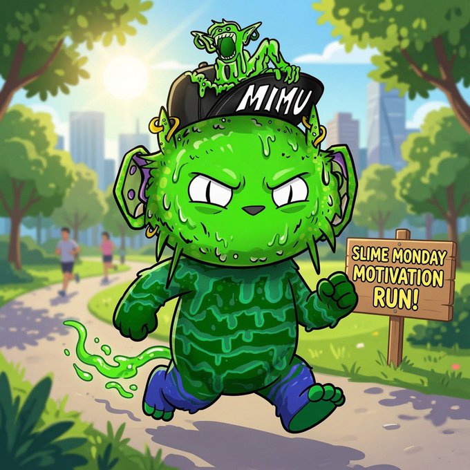 A cartoon illustration of a green slime creature running in a park, wearing a cap labeled 'MIMU' with a smaller green monster perched on top, next to a wooden sign reading 'SLIME MONDAY MOTIVATION RUN!'.