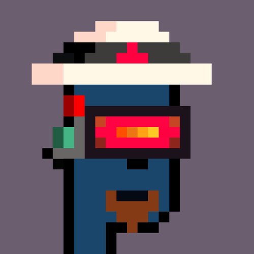 A pixel art character wearing a blue coat, pink visor, and a pink and white hat stands against a plain purple background.