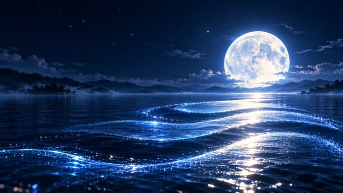 A serene nighttime scene featuring a luminous full moon rising over a calm body of water, with glowing blue light trails swirling across the surface beneath a starry sky.