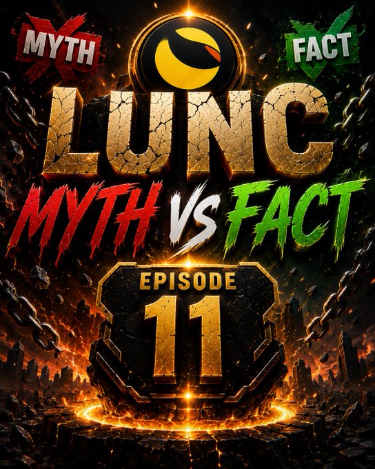 This image is a dramatic thumbnail for "LUNC Myth vs Fact — Episode 11," featuring bold golden "LUNC" lettering beneath a black and gold LUNC token logo, with "MYTH" (red) and "FACT" (green) banners at the top, and a fiery "EPISODE 11" badge at the bottom. The fiery, battle-themed design reinforces the episode's theme of debunking the myth that LUNC survives only on hype, visually framing the post's argument about the network's real staying power through governance, development, and community support.