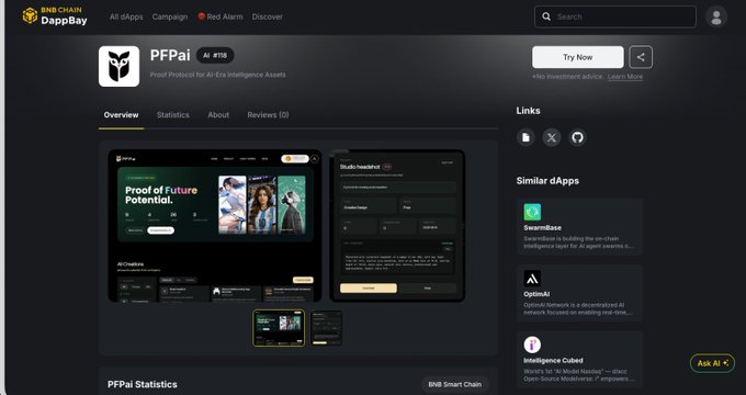 A BNB Chain DappBay page showing the PFPai dApp (#118), described as 'Proof-Protocol for AI-Era Intelligence Assets', with a 'Try Now' button and links to similar dApps like SwarmBee, OptimAI, and Intelligence Cubed.