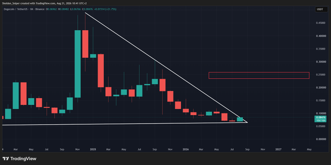 A TradingView monthly candlestick chart for Dogecoin/USDT (DOGE) on Binance shows a long-term descending triangle pattern from a late 2024 peak near $0.40, with price currently trading around $0.084 as it approaches the lower support trendline, while a red box highlights a potential resistance zone near $0.23.