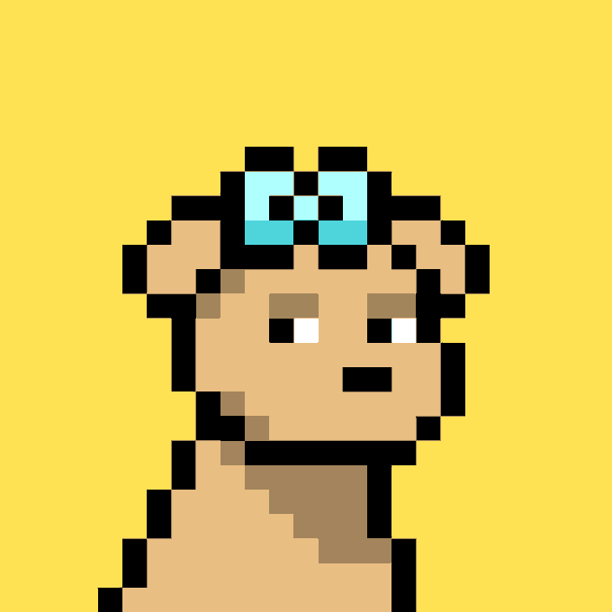 The image features a cartoon representation of a brown dog wearing a blue bow on its head, with its eyes closed. The background color appears to be yellow, which complements the overall scene. There's also text visible that reads "New @doginaldogs sale! Doginal Dog #311 25000 DOGE $2085. doginaldogs.com/inscription/f2". The image is primarily focused on the cartoon depiction of the dog and its bow without any additional context or information provided about other aspects of the photo.