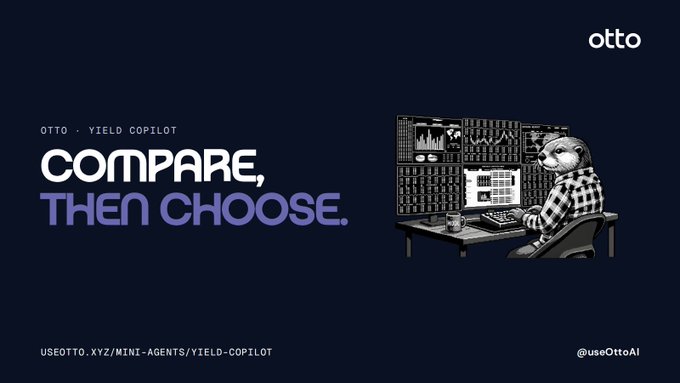 A promotional image for OTTO Yield Copilot with the tagline 'COMPARE, THEN CHOOSE,' featuring an illustration of a bear trader at a multi-monitor desk.