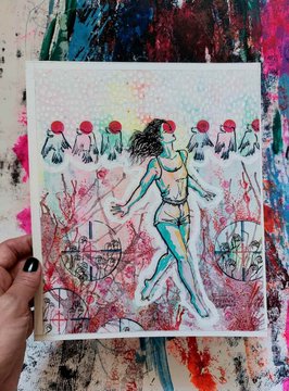 The image shows a hand holding a colorful mixed-media artwork featuring a stylized figure in a swimsuit walking through vibrant, floral and coral-like surroundings with abstract round shapes in the background. The artwork exemplifies the handmade, artistic NFT being promoted in the post, which encourages collectors to support artists by purchasing their available works on the Ethereum blockchain.