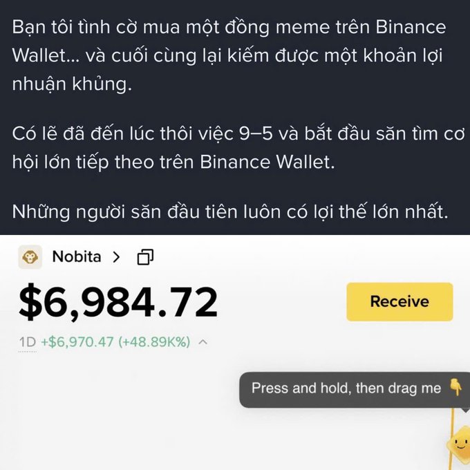 A Vietnamese-language cryptocurrency scam screenshot showing a Binance Wallet balance of $6,984.72 with unrealistic 48.89K% gains, advertising a meme coin called "Nobita".
