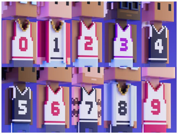 A collage of ten Meebits NFT characters wearing basketball jerseys numbered 0 through 9, showcasing the completed digit collection set referenced in the post.