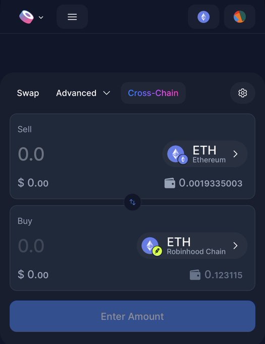 A screenshot of a cryptocurrency swap interface on Robinhood, showing a "Cross-Chain" exchange of 0.0 ETH between Ethereum and Robinhood Chain with an "Enter Amount" button.