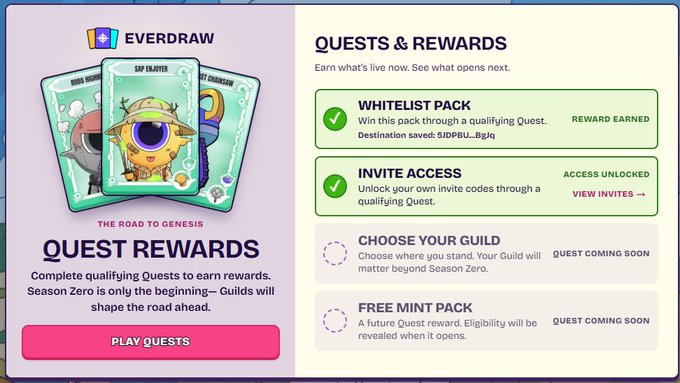 A screenshot of an 'Everdraw' platform page titled 'The Road to Genesis,' showing 'Quest Rewards' sections including a 'Whitelist Pack' and 'Invite Access' on the left, with details on the right.
