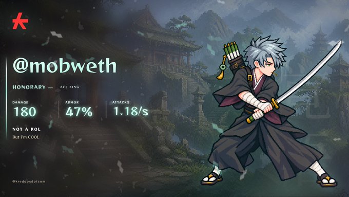 An anime-style character profile featuring '@mobweth' with stats: Damage 180, Armor 47%, Attacks 1.18/s, Honorary 'Ace King', and the note 'Not a Kol, But I'm Cool'.