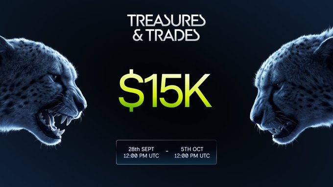 A promotional graphic for 'TREASURED & TRADES' featuring two roaring snow leopards facing each other, advertising a $15K prize running from 28th September 12:00 PM UTC to 5th October 12:00 PM UTC.