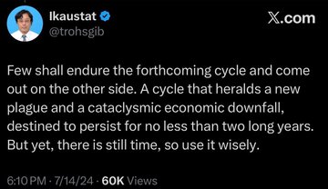 This image shows a tweet from "Ikaustat" predicting a "forthcoming cycle" of plague and economic downfall lasting two years, with the accompanying post directing it to "#XRP holders" who are encouraged to "see you on the other side."