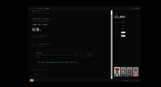 A screenshot of a code editor interface showing a 'verify' command-line tool with Chinese instructions for a task, next to a panel displaying the user 'zaddr' with a score of 12,046 and the same four pixel-art avatars.