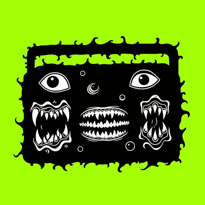 A high-contrast black and white illustration of monstrous, multi-eyed faces with sharp teeth and wavy mouth designs set against a bright neon green background.