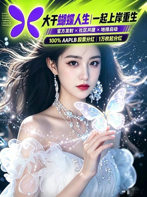 A promotional graphic for a stock token featuring an illustration of a woman in an elegant white gown holding a glowing butterfly, with text including 'STOCK TOKEN BONUS DIVIDEND COMMUNITY A REGISTER TOMORROW' and '100% AAPLB 股票分红 1万股起分红'.