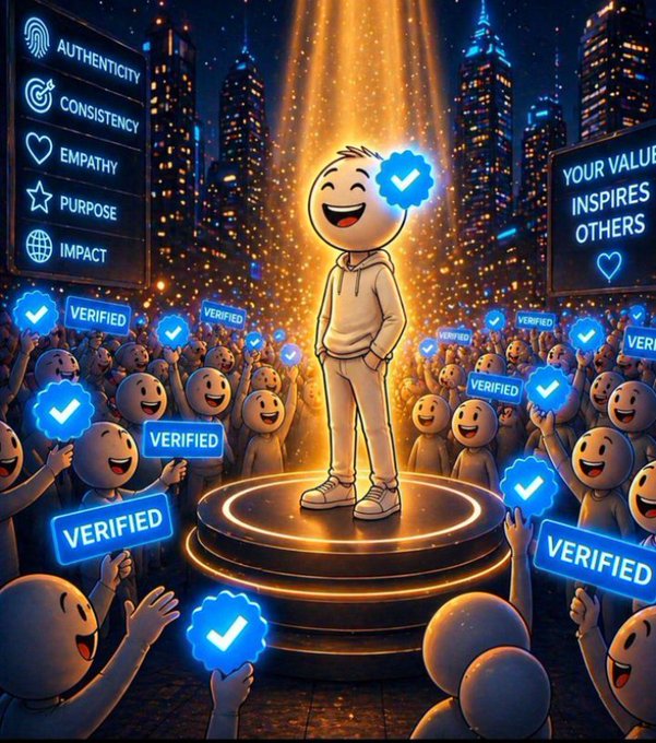 A glowing, smiling cartoon figure stands on a spotlighted stage surrounded by a cheering crowd holding blue "VERIFIED" checkmark badges. Side panels display the values "AUTHENTICITY," "CONSISTENCY," "EMPATHY," "PURPOSE," and "IMPACT," while a screen reads "YOUR VALUE INSPIRES OTHERS," reinforcing the post's message about meaningful connections and spreading support.