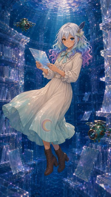 An anime illustration of a girl with wavy blue and pink gradient hair wearing a flowing white dress with a crescent moon design, reading a book while floating in an ethereal blue crystalline environment with small ornate floating vessels around her.
