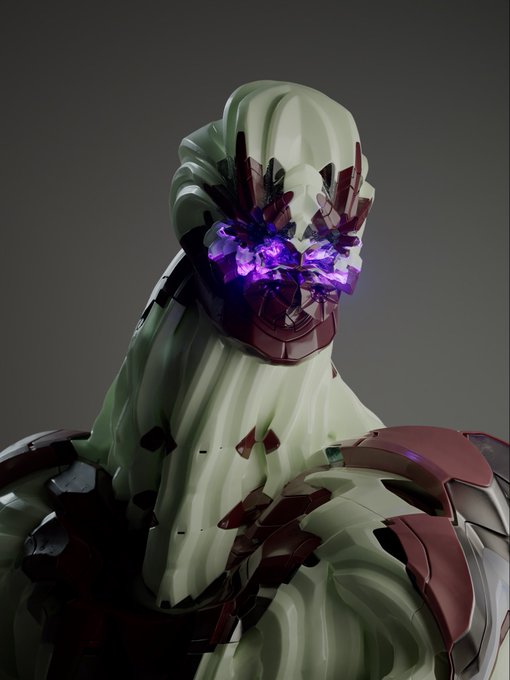 A close-up 3D rendering of a futuristic, robotic gorilla with a pale green textured head, dark crimson mechanical armor, and glowing purple crystalline eyes that radiate an eerie energy. The image visually complements the post's theme, depicting an AI-generated "machine" gorilla—fitting the "artificial inu needs a machine" caption with its synthetic, android-like aesthetic.