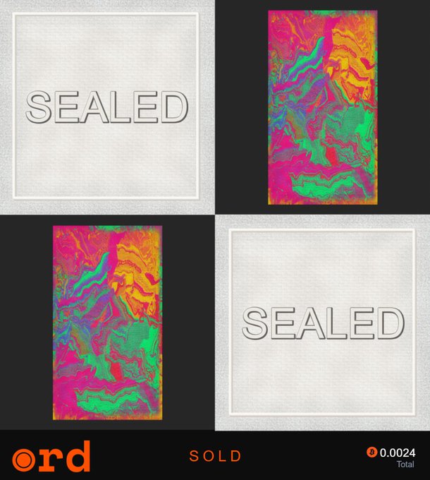 A digital art listing on the "ord" platform shows a "SEALED" status with abstract swirled artwork, a price of "0.0024 Total," and the word "SOLD" beneath.