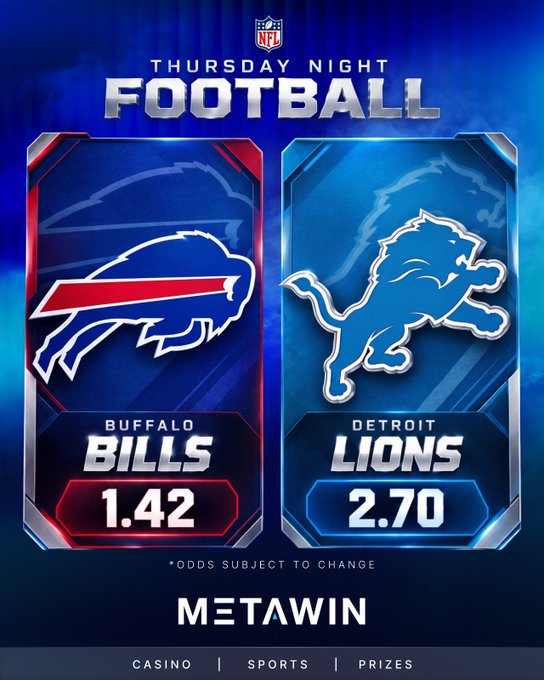 A Thursday Night Football promotional graphic from metawin.com features the Buffalo Bills (1.42) facing the Detroit Lions (2.70), illustrating the betting odds for the game mentioned in the post encouraging users to share their bet slips for a chance at an extra $250.