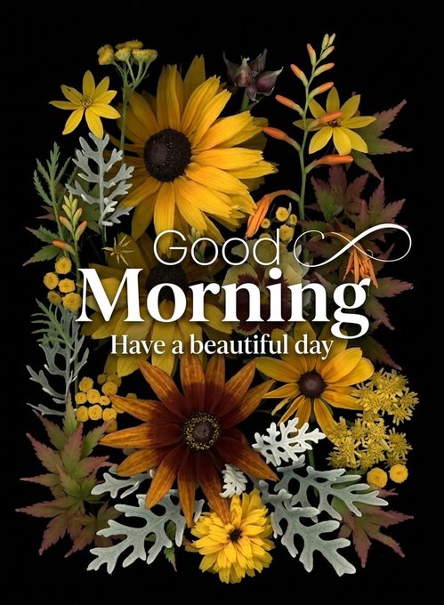 A "Good Morning, Have a beautiful day" greeting card featuring a colorful arrangement of yellow and orange flowers against a black background.