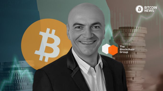 A smiling bald man in a suit appears alongside the orange Bitcoin logo, a stack of coins, and the logos for "Bitcoin News" and "The Blockchain Group," with an upward-trending stock chart in the background symbolizing Capital B's rising trading volume on Euronext following its Bitcoin treasury acquisitions.