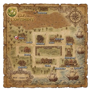 A pirate-themed world map titled 'ELY CONTINENT' marking locations such as Velos, Nicholas, Severan, Fillow, Ivaniz, Claire, and others with ships sailing the seas.