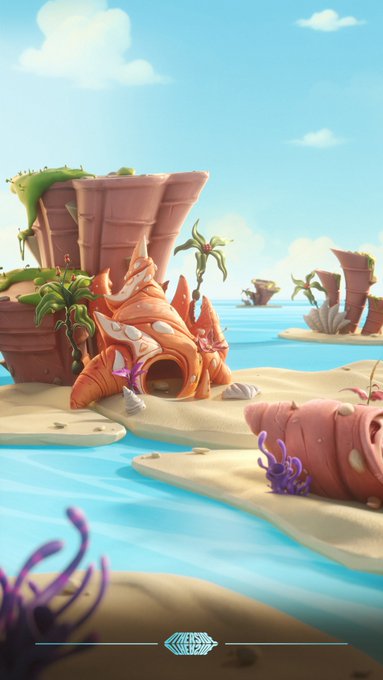 A stylized tropical beach scene from Otherside features conch shell-shaped dwellings nestled among sandstone cliffs, palm trees, and purple coral along turquoise waters, with a "LOADING" indicator at the bottom. The artwork captures the relaxed yet bustling essence of the "Sands" environment, blending pristine beach aesthetics with surreal, otherworldly flora.