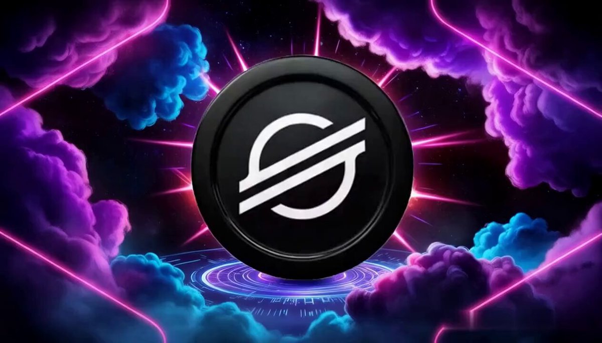The image features a large logo with a black circle containing a white "S" inside, surrounded by purple clouds against a dark background. The text above the image reads "Traditional Finance Is Facing a Blockchain Reality Check $XLM At the Proof of Talk summit in Paris, Franklin Templeton CEO Jenny Johnson shared a clear message: blockchain isn'e just an innovation anymore - it's becoming an economic advantage".