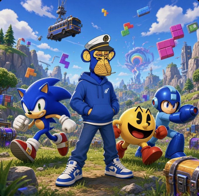 An illustrated scene featuring a blue Bored Ape Yacht Club character in a sailor hat and hoodie, alongside Sonic the Hedgehog, Pac-Man, and Mega Man, with Tetris blocks and a flying bus in a vibrant landscape.