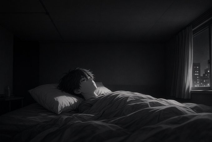 A black and white anime-style illustration of a young person lying in bed in a dark room, staring at the ceiling while illuminated by city lights visible through a window on the right.