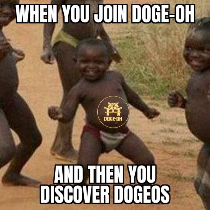 The image features a group of people standing together with one person wearing a diaper and holding up a sign that says "When you join DOGE-oh, then you discover DOGEOS". The caption below the image reads "Focus on what is in the image and how it relates to the post".