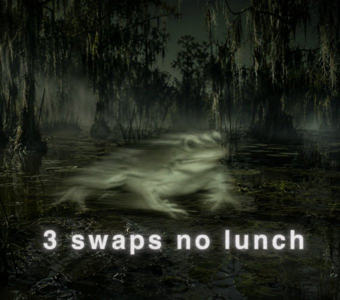A ghostly white wolf-like figure appears as a wispy, spectral blur moving through a dark, misty Louisiana bayou with Spanish moss-draped trees. The text "3 swaps no lunch" is overlaid at the bottom in white lettering.