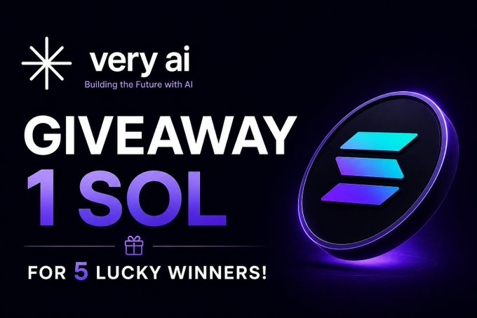 The image features a black background with a purple and blue logo for Very AI, which is a company that specializes in artificial intelligence. The text "Very AI" is written in white letters at the top of the image. Below this, there's an announcement about a giveaway related to Solana, a cryptocurrency. The giveaway is open to five lucky winners who will receive one Solana coin each as part of their prize. To enter the contest, participants should follow Very AI on social media and share the post with their friends or followers.