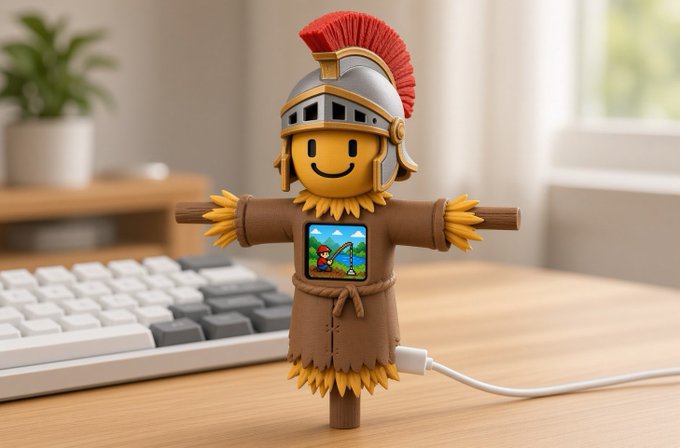 A scarecrow-shaped microcontroller figurine with a red-plumed Roman helmet sits on a desk next to a keyboard, displaying pixel art from the game "Haylord" on its small screen while plugged in via a white cable—visually embodying the post's point that day-one agentic AI interfaces are still just simple screens, microcontrollers, and cables rather than polished UIs.
