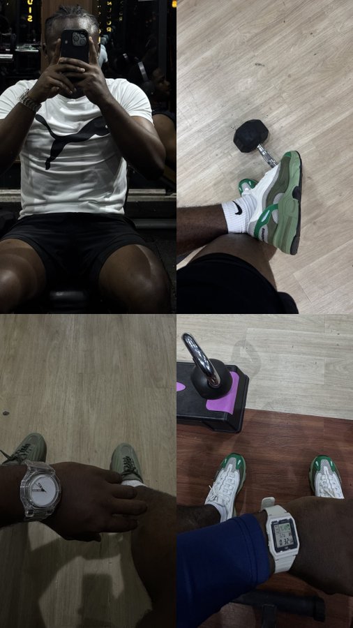 A collage of mirror selfies and gym photos showcases the man's fitness journey and style, featuring a white Puma t-shirt, black shorts, green and white Nike Air Max 97 sneakers, and two watches (one clear-cased and one digital), visually reinforcing the post's caption "i lost sol but i got a soul" by highlighting the personal growth and soulful pursuits found outside of crypto.