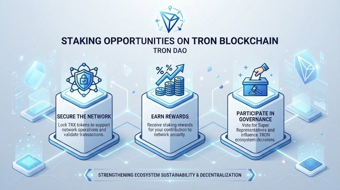 An infographic titled 'Staking Opportunities on TRON Blockchain - TRON DAO' highlighting three benefits: Secure the Network, Earn Rewards, and Participate in Governance.
